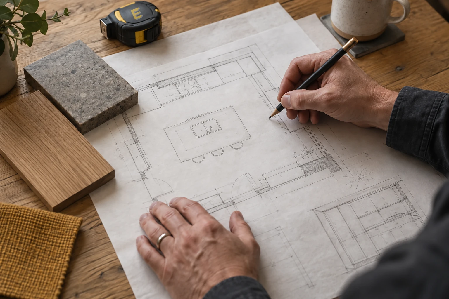 Advertising scene showing materials and a home design being considered